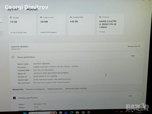 Microsoft Surface Pro 7 i3-1005G1/4RAM/120SSD/Intel HD Graphics/Touchscreen дисплей, снимка 4 - Лаптопи за работа - 54984451