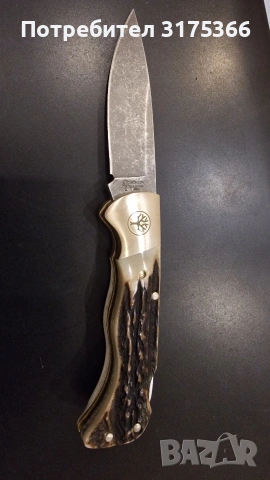 Нов колекционерски   ловен Boker Solingen джобен нож еленов рог дамаска стомана калъф