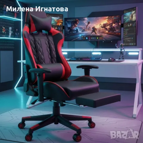 Ергономичен геймърски стол с функция за масаж и подложка за крака - червен