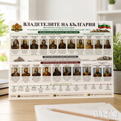 6860 Образователно табло Владетелите на България, А3, ламинирано, снимка 2 - Ученически пособия, канцеларски материали - 55267957