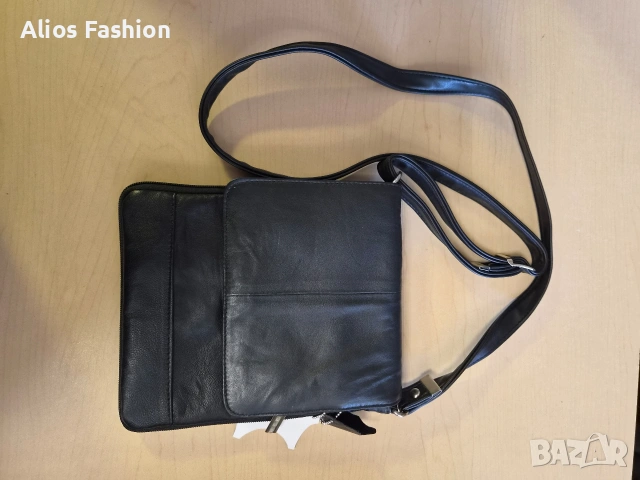 Чисто нова мъжка чанта от естествена кожа (100% Leather) – черна, с много отделения 