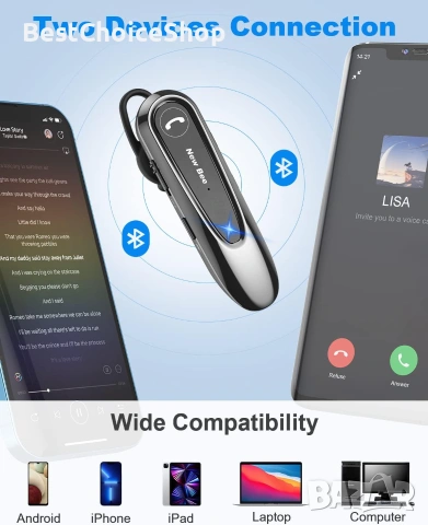 Хендсфри слушалка New Bee, за свободни ръце V5.0, Bluetooth 20 часа време за разговори, снимка 9 - Слушалки, hands-free - 54986105