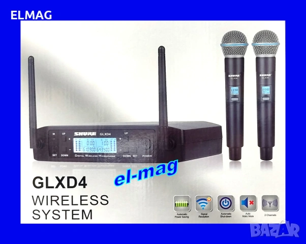 Комплект с безжични микрофони Shure GLXD4 и UHF приемник с дисплей , снимка 3 - Микрофони - 55151643