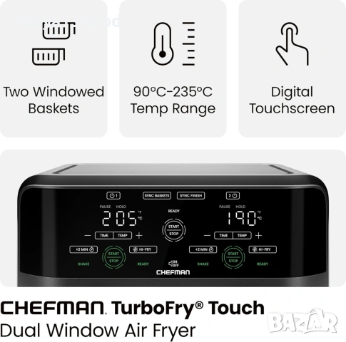 Двоен еър фрайър Chefman 5.6L с 2 кошници, Sync Finish и прозорци за наблюдение, снимка 3 - Фритюрници - 55273823