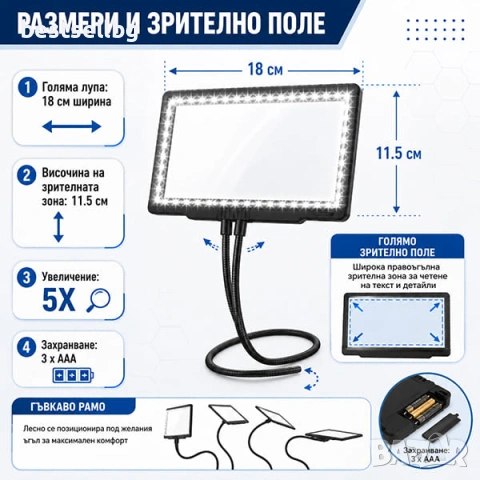 Увеличителна лупа за врат 5X LED осветление за четене шиене бордиране, снимка 5 - Други инструменти - 47547027