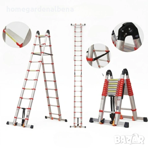 Телескопична алуминиева стълба 6.2 м | Стабилизатори и Click-Lock | Home&Garden V&B Fashion Hub, снимка 6 - Строителни материали - 54504309