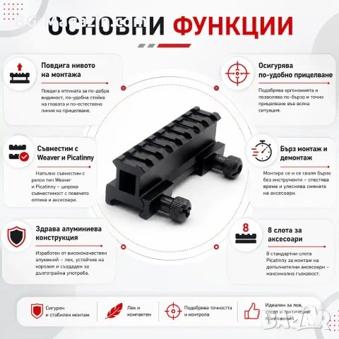 Повдигащ адаптер пикатини стойка уивър база за ловна въздушна пушка еърсофт оръжие сачми гладкоцевна, снимка 2 - Оборудване и аксесоари за оръжия - 51092292