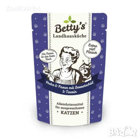 Храна за котки Betty's Pouch с пилешко месо с фазан и масло от пореч 12 x 100г.