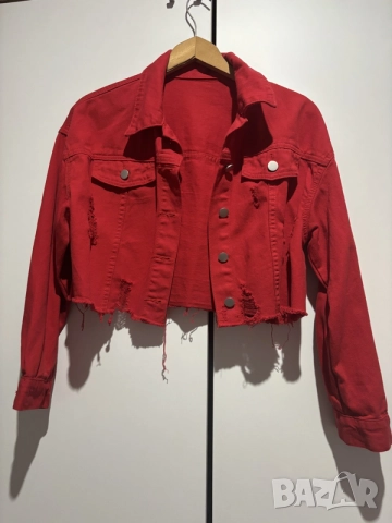     SHEIN Red Cropped Denim Jacket 