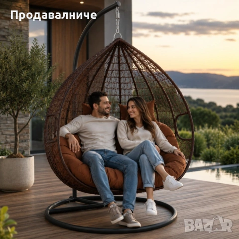 Двойна висяща ратанова люлка тип пашкул с метална рамка и възглавница – стил и комфорт до 200 кг, снимка 2 - Градински мебели, декорация  - 55081411
