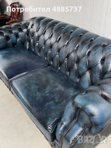 Chesterfield/Честърфилд Луксозен кожен диван –тъмносин, снимка 11 - Дивани и мека мебел - 55281566