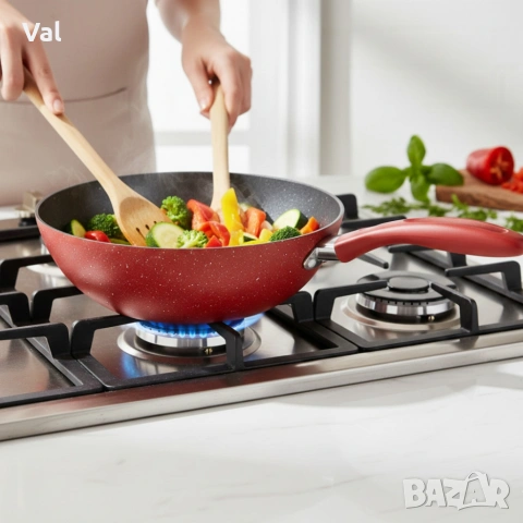 Уок тиган Voltz OV54420A28 Ø28 см – мраморно незалепващо покритие, индукционен, червен, снимка 2 - Съдове за готвене - 54992524