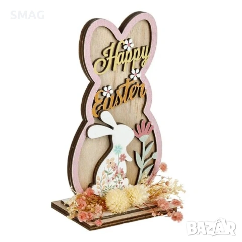 Великденска дървена настолна декорация заек с изсушени цветя – 10×2×15см_1233670, снимка 3 - Декорация за дома - 54225785