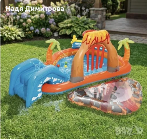 Голям детски надуваем аквапарк Bestway Lava Lagoon - Пързалка, фонтан, и улеи за топки 265x265 см