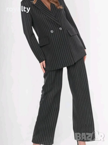 Дамски Черен Костюм в Райе с Широки Крачоли, снимка 3 - Костюми - 54097537