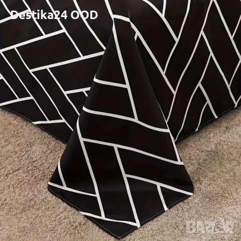Мек и приятен спален комплект 180x220 черен с бели раета 4 части, снимка 3 - Спално бельо - 54378197