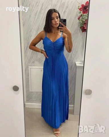 Елегантна Синя Дамска Рокля Сатен 