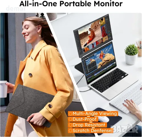 Преносим монитор 15.6" 1080P с регулируема стойка, USB-C/HDMI, снимка 6 - Монитори - 55661477