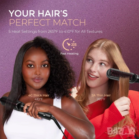Четка преса за коса TYMO Flat Iron Hair Straightener Brush 2 in 1 200M Ions Ceramic Black, снимка 9 - Преси за коса - 54683636