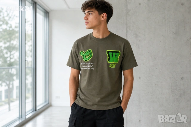 Мъжка тениска Off-White (Virgil Abloh) — каки/маслинено зелена „Industrial Man" герой regular fit