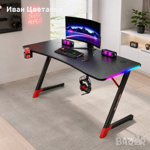 Геймърско бюро с RGB LED, Карбонов плот и поставки за чаша и слушалки – 120 см, черно