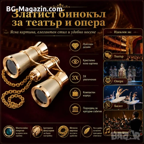 Луксозен театрален бинокъл 3×25 черен с верижка за театър опера концерти балет подарък реквизит, снимка 8 - Други ценни предмети - 50931293