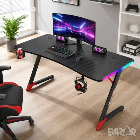 Геймърско бюро с RGB LED, Карбонов плот и поставки за чаша и слушалки – 120 см, черно, снимка 2 - Бюра - 54696864