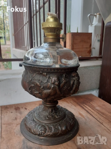 Стара газена лампа от мед бакър и стъкло, снимка 2 - Антикварни и старинни предмети - 54183271