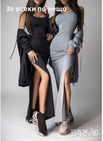 Дамска Черна Дълга Еластична Рокля С Цепка Long Код Верона30, снимка 2 - Рокли - 54003469