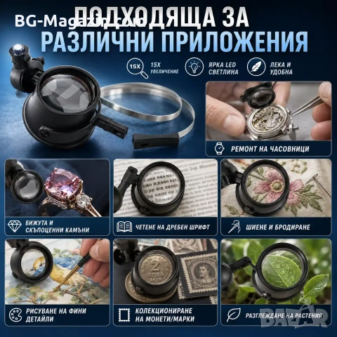 Професионална мощна увеличителна лупа глава за око с LED осветление часовникарска бижутерска лед, снимка 6 - Други инструменти - 50921213