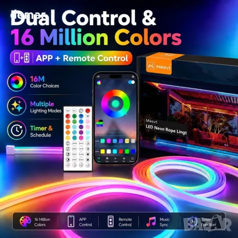 RGB LED неонова лента 5 м 24 V IP65 с APP и дистанционно, снимка 5 - Лед осветление - 55603367