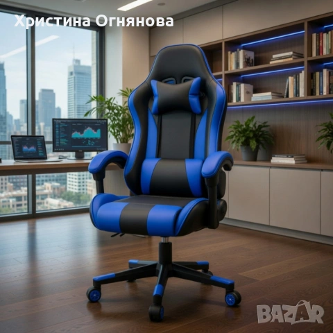 Ергономичен офис и геймърски син стол – Максимален комфорт за гърба и врата, регулируем, снимка 4 - Столове - 54204506