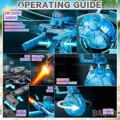 Автоматичен електрически воден пистолет с LED светлини, ултра дълъг обхват, голям капацитет (син), снимка 8 - Електрически играчки - 54055118