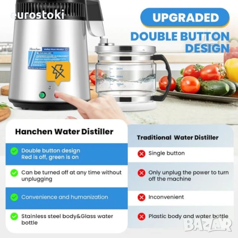 Дестилатор за вода Hanchen 750W, 4L, неръждаема стомана 304, стъклен съд, двоен бутон, снимка 6 - Други - 54978479