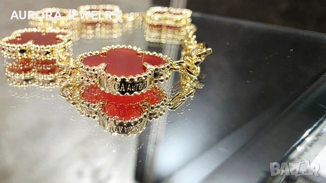 Van Cleef & Arpels VCA 5 Motifs Gold Red Carnelian Vintage Alhambra Дамска Гривна, снимка 6 - Гривни - 54422179