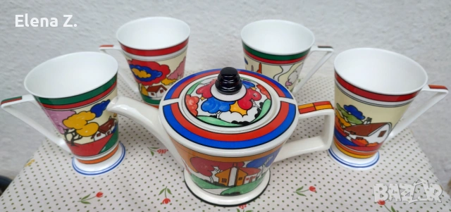 Арт деко чайник и чаши стил Clarice Cliff - Садлер, Wren, снимка 2 - Други - 54600639