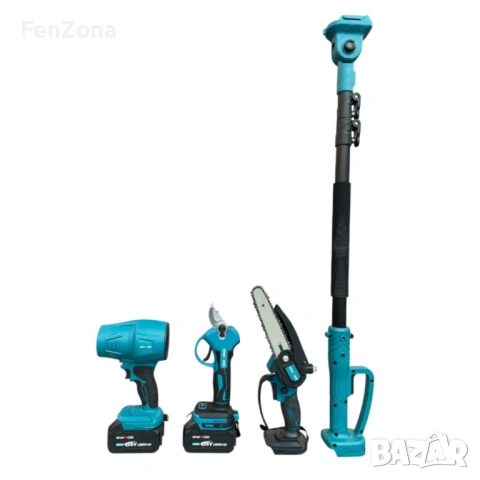 Акумулаторен комплект 4в1 KraftRoyal – Лозарска ножица, мини верижен трион 15 см, духалка и телескоп, снимка 2 - Куфари с инструменти - 54050013