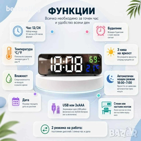 Постоянно светещ електронен настолен часовник на ток с голям дисплей, снимка 2 - Други - 42191011