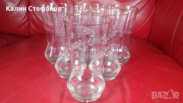 Ретро чаши за безалкохолно, ръчна гравюра, златен кант, 6 бр, снимка 7 - Чаши - 54173589