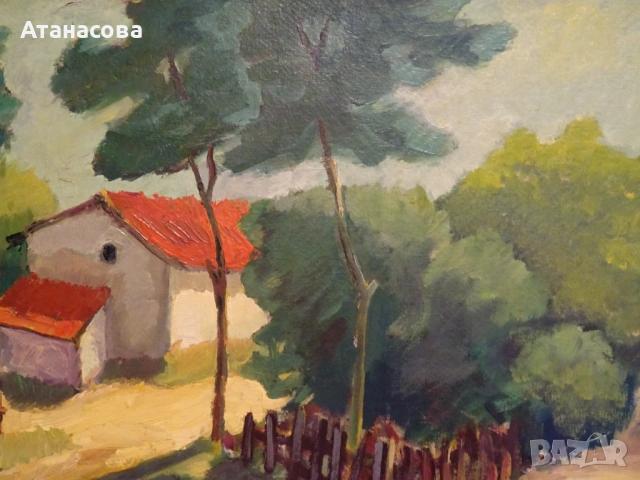 Авторска картина "Селски пейзаж" масло платно 1980 г, снимка 5 - Картини - 54488488