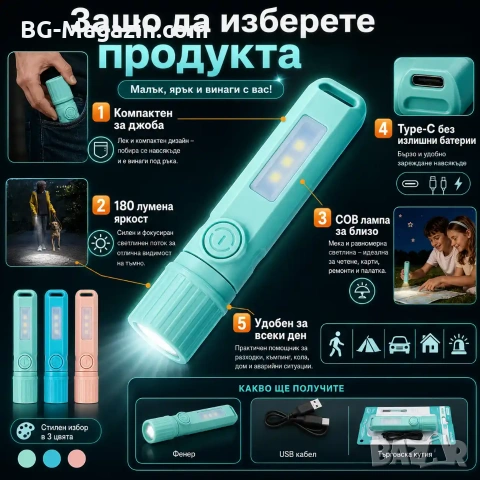 Акумулаторен LED джобен мини фенер Aerbes с COB лампа и USB Type-C, снимка 5 - Къмпинг осветление - 55123736