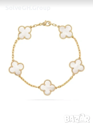 Дамска Гривна с Бели Седефени Детелини • Premium Clover • Златист Цвят • Луксозен Подарък