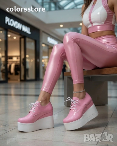 Обувки на платформа - розов лак с бяло ходило - 120K 