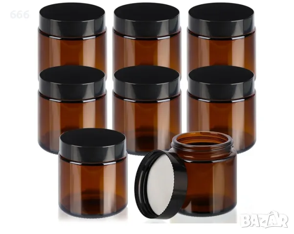 8 броя кръгли кехлибарени стъклени буркани с черни капачки 120ml