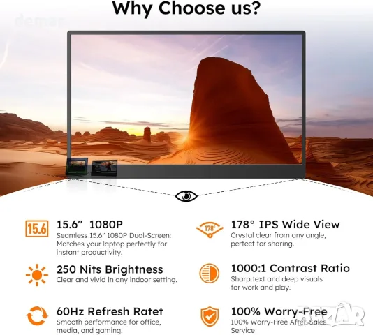 Преносим монитор 15.6" 1080P с регулируема стойка, USB-C/HDMI, снимка 5 - Монитори - 55661477
