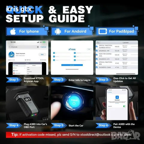 XTOOL AnyScan A30D – Професионална OBD 2 безжична автомобилна диагностика Двупосочен тест, снимка 3 - Аксесоари и консумативи - 55316910