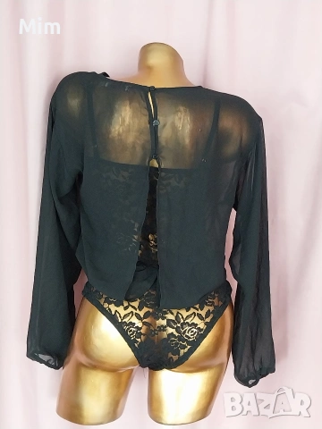 М Черно дантелено боди с дълъг ръкав от прозрачна материя , снимка 2 - Бельо - 54211020