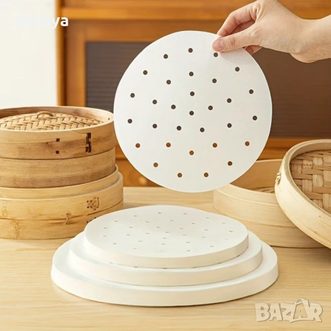 6552 Кръгли хартиени подложки за еър фрайър с дупки, 50 броя