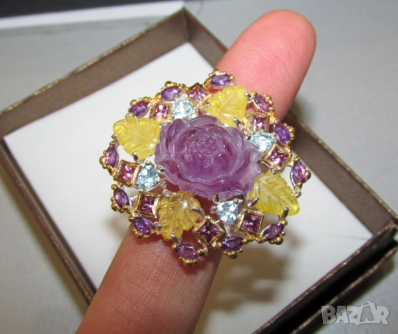 925 сребърен гравиран пръстен с аметист, снимка 5 - Пръстени - 53976416