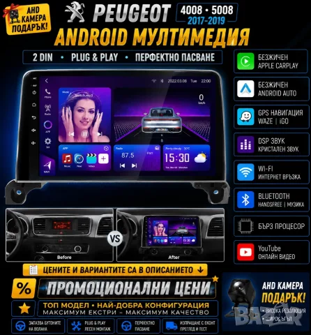 Мултимедия, за Peugeot 4008, 5008, Двоен дин, Навигация, дисплей, 2 Дин, плеър, екран, Android, Пежо
